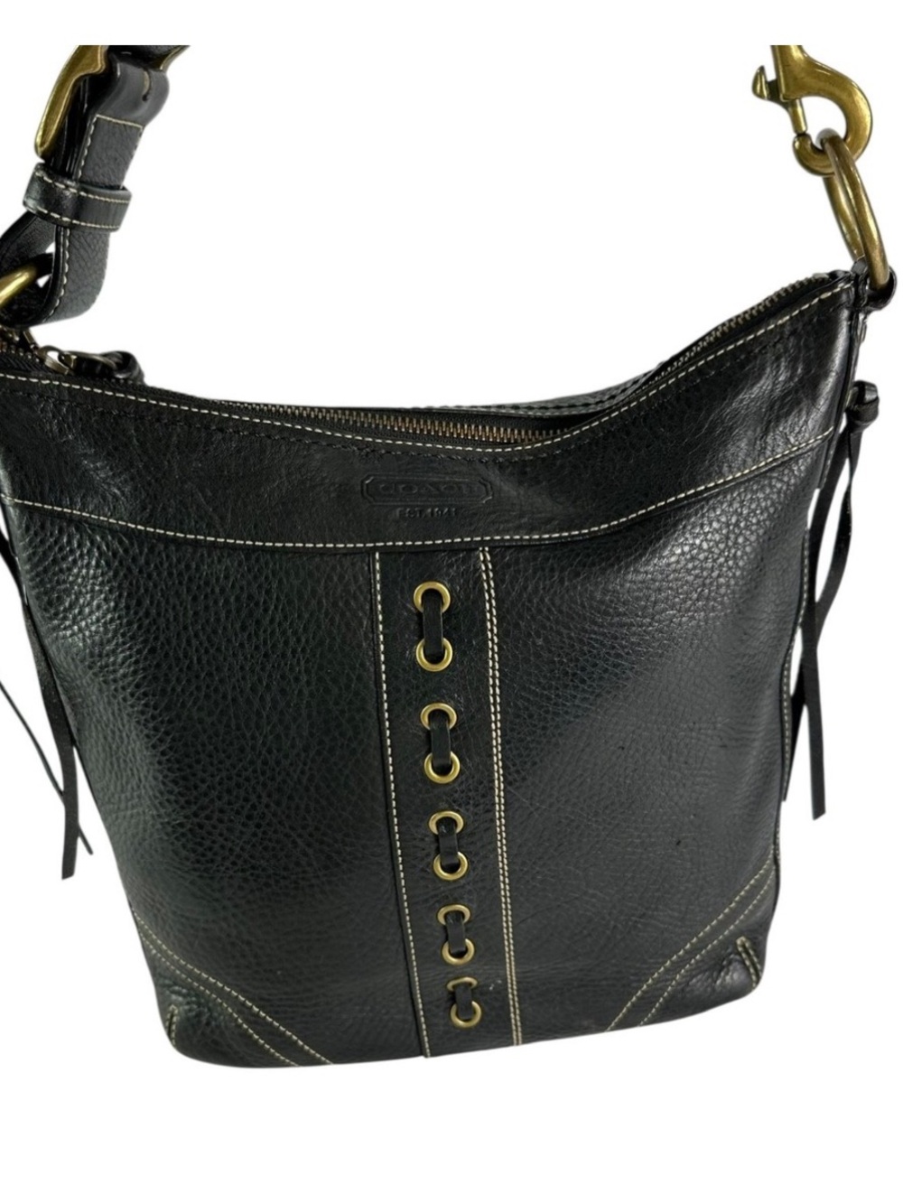 Coach 10399 Chelsea Black Leather Laced Shoulder Bag with Brass Accents, vintage
